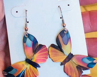 copper butterfly earrings , colored with fire
