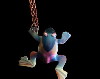 Flame colored copper frog necklace