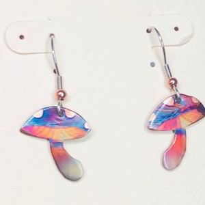 Handmade Mushroom earrings , copper Flame Painted, unique and fun!
