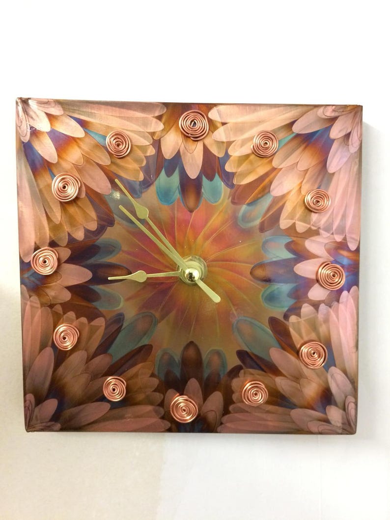 Flame Painted Copper wall clock. Unique handmade art made in Etsy