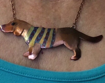 Unique Dachshund, weenie dog necklace, Flame Painted Copper, handmade art