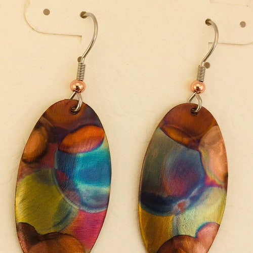 Flame Painted Copper Earrings Copper Sun Earrings Engraved Etsy