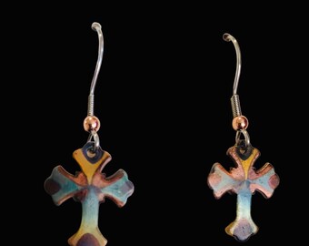 Flame Painted Copper Cross Earrings: Handmade Dangle Jewelry