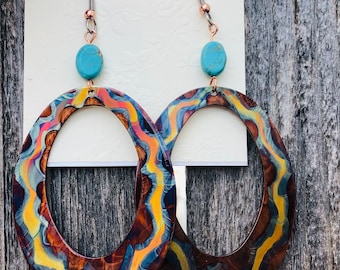 Oval Hoop, flame painted copper & turquoise Ear Rings
