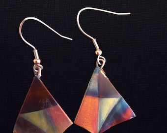 Abstract Geometric Flame Colored Copper Earring, Color Block, “Full Sail”