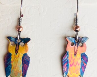 Flame painted Copper owl earrings