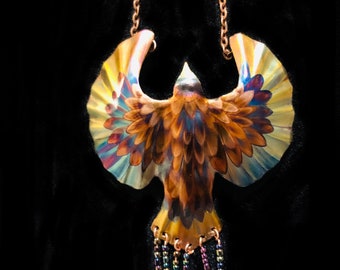 Flame Painted Copper Phoenix Necklace with beaded fringe, unique art handmade, made in USA