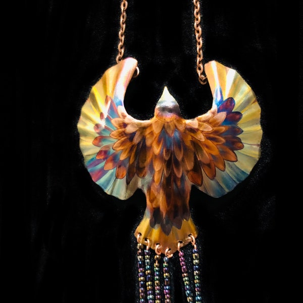 Flame Painted Copper Phoenix Necklace with beaded fringe, unique art handmade, made in USA