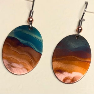 Flame painted Copper oval earrings, “Desert Sands”