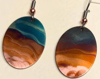 Flame painted Copper oval earrings, “Desert Sands”