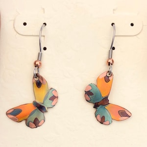 Tiny Flame Painted Copper, Dangle, Drop Butterfly Earrings, Handmade in the USA