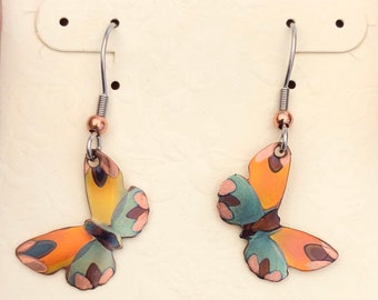 Tiny Flame Painted Copper, Dangle, Drop Butterfly Earrings, Handmade in the USA