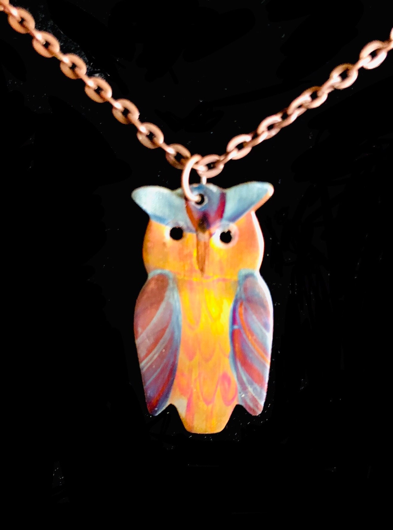Owl pendant, Flame Painted Copper
