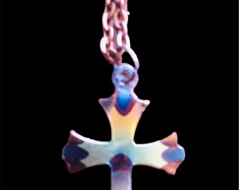 Flame painted Copper cross necklace, for men or women, 1.25” x 3/4”
