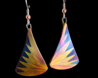 Flame painted Copper, Triangle  drop earrings "Wind and Fire" pattern