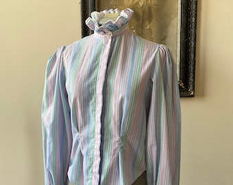 Pastel Vertical Striped Elizabethan Collar With Puffed Sleeves,  Vintage 1970s Ruffled Blouse, Victorian Style Colorful Blouse