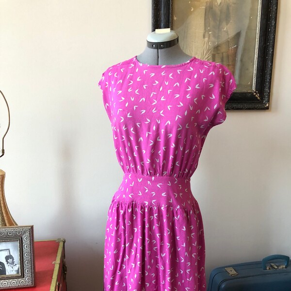 Vintage Pink and Grey Pattern Rayon Dress, Handmade 1940s