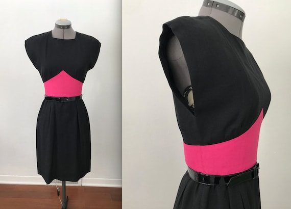 1960s Black and Pink Belted Day Dress with Pocket… - image 1