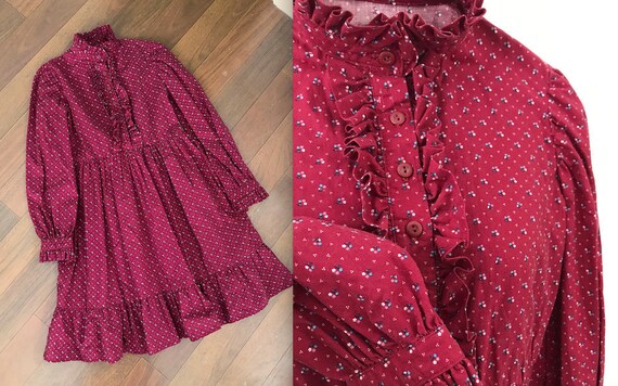 1970s Handmade Burgundy Ruffled Prairie Dress