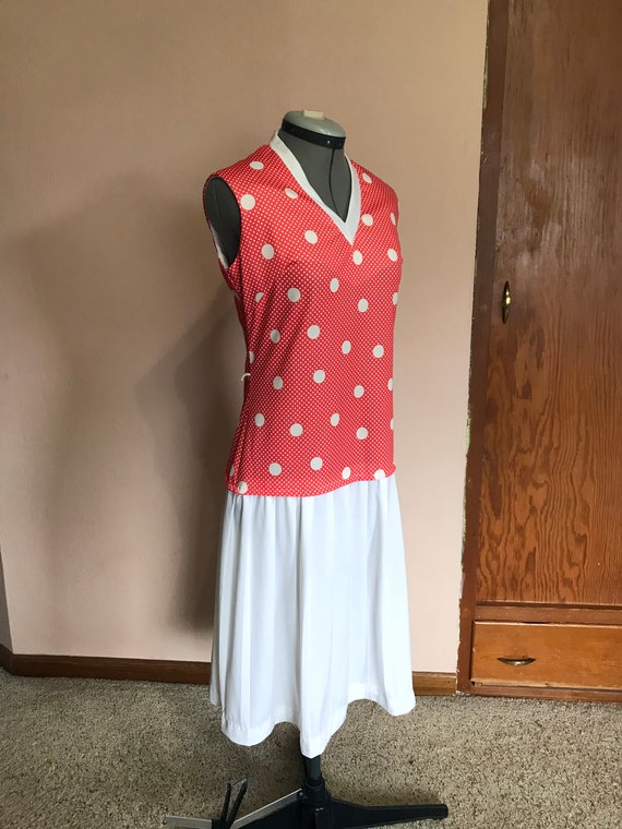 Vintage 1970s Polka Dot Drop Waist Polyester Day … - image 3