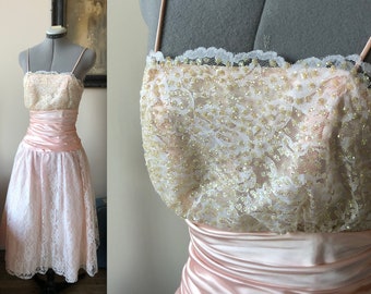 1980s Pink Lace and Glitter Midi Prom Dress, Poofy Light Pink Prom Dress from the 80s