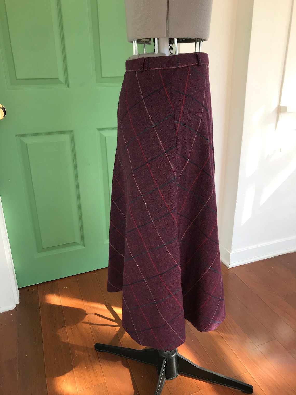 Vintage Maroon Plaid Wool Skirt, Vintage Thin Schoolgirl Plaid Skirt