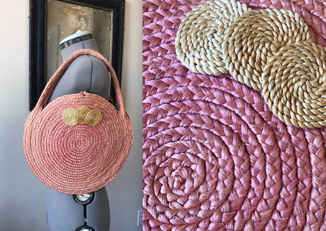Vintage 1940s Pink Straw Bag, Vintage Straw Bag, Spring Straw Bag, Pink