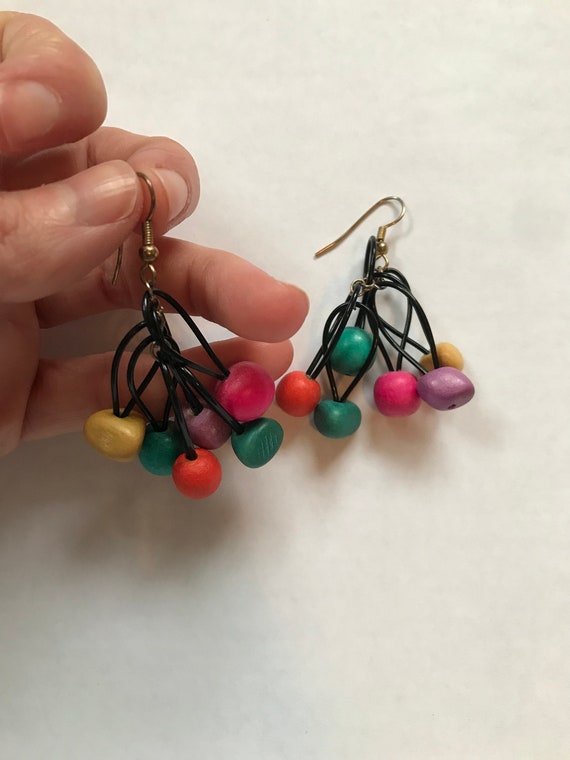 Late 80s Wooden Color Drop Rainbow Dangle Earring… - image 2