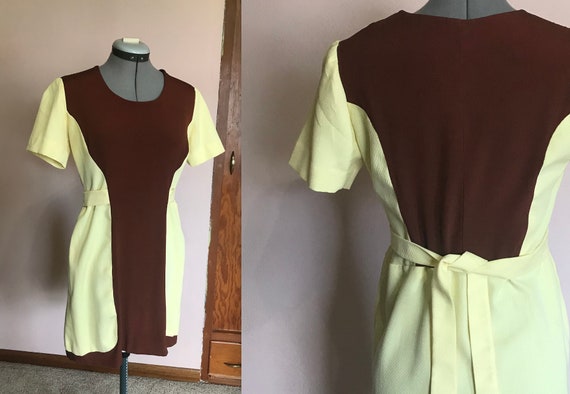 Vintage 1960s Brown and Yellow Handmade Day Dress… - image 1