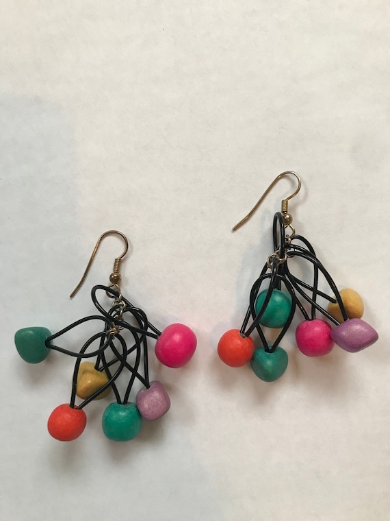 Late 80s Wooden Color Drop Rainbow Dangle Earring… - image 1