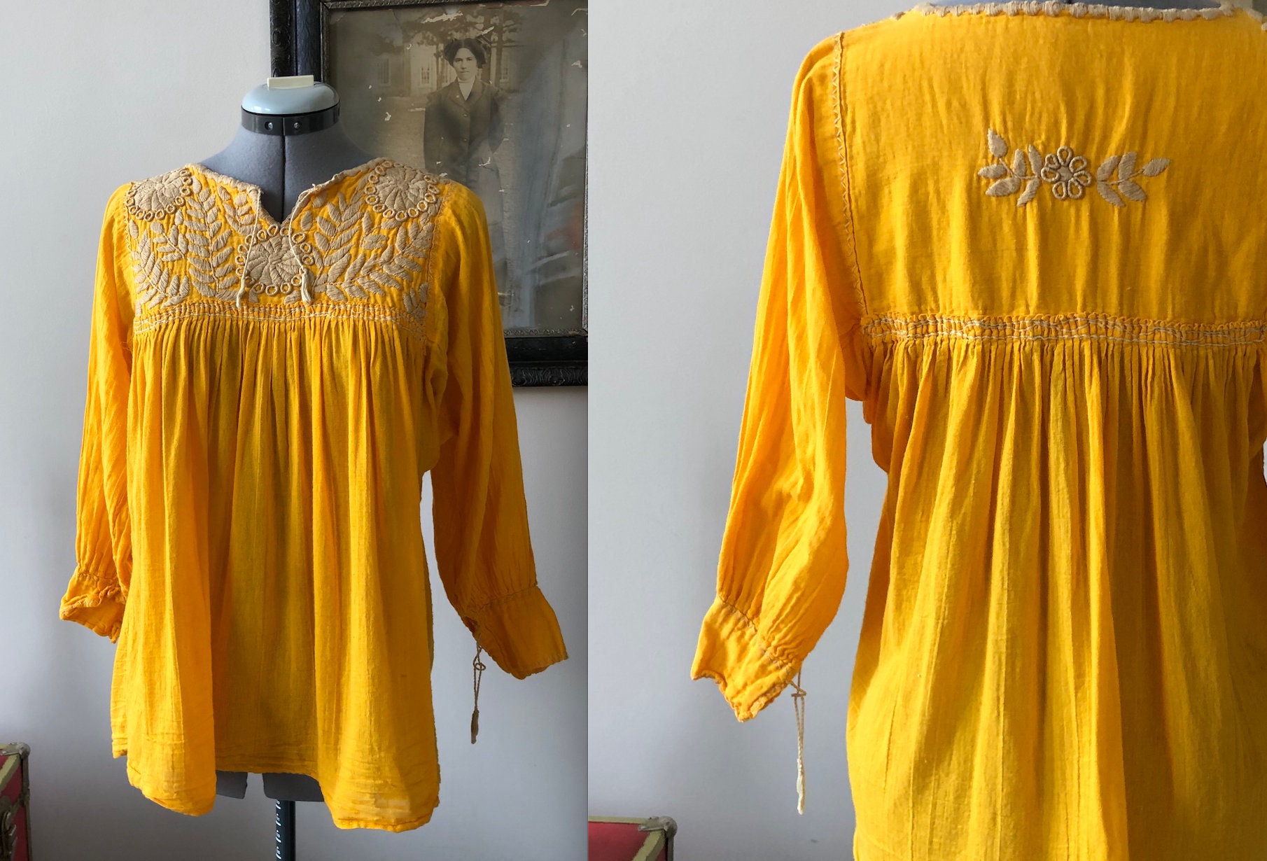 Blusa campesina mostaza de los años 40 con bordado a mano, blusa