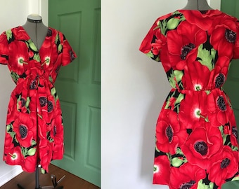 Vintage Handmade Red Hibiscus Print Dress, Vintage Novelty Print Floral Summer Dress, Vintage Polynesian Print Dress