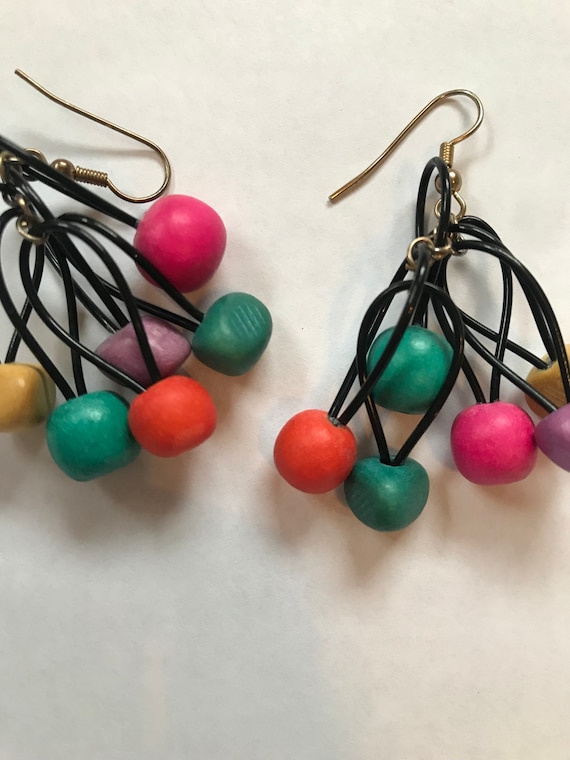 Late 80s Wooden Color Drop Rainbow Dangle Earring… - image 3