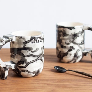 Camouflage geometric shapes mug, ivory and black handmade unique ceramic mug, black and white soldierly mug, sturdy architecture mug image 2