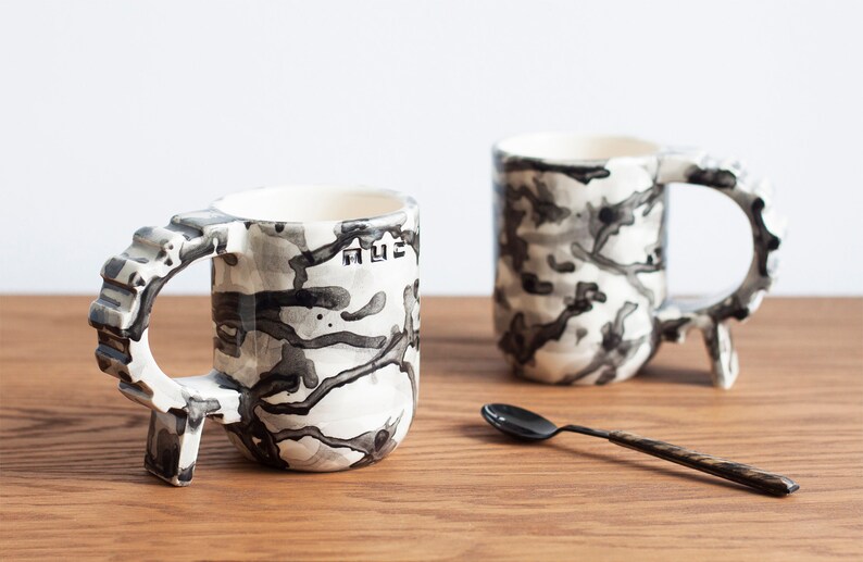 Camouflage geometric shapes mug, ivory and black handmade unique ceramic mug, black and white soldierly mug, sturdy architecture mug image 2