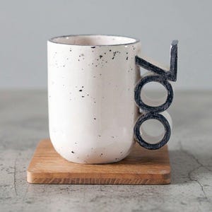 Handmade Speckled Ivory Ceramic Mug, Geometric Handle, Modern Tea Cup
