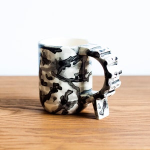 Camouflage geometric shapes mug, ivory and black handmade unique ceramic mug, black and white soldierly mug, sturdy architecture mug image 5