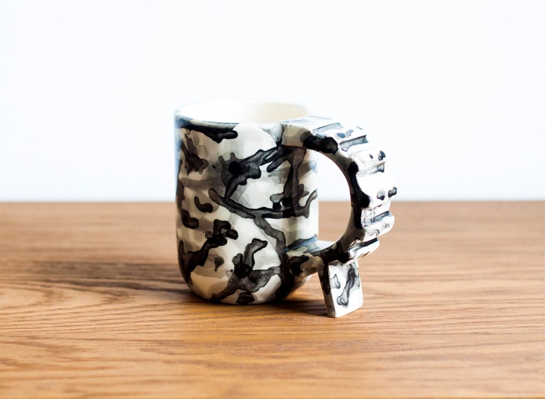 Camouflage geometric shapes mug, ivory and black handmade unique ceramic mug, black and white soldierly mug, sturdy architecture mug image 5