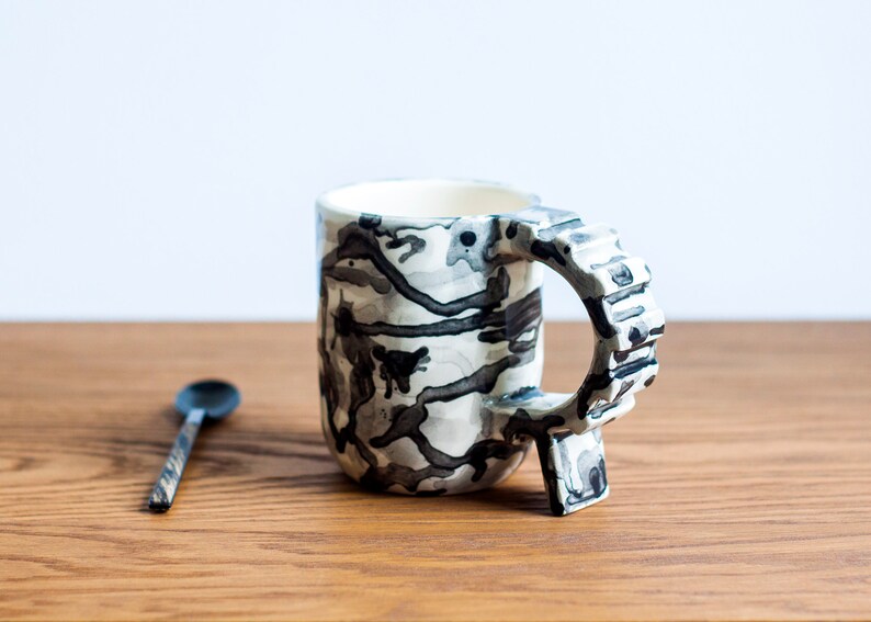 Camouflage geometric shapes mug, ivory and black handmade unique ceramic mug, black and white soldierly mug, sturdy architecture mug image 7