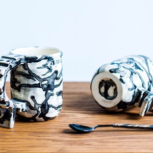 Camouflage geometric shapes mug, ivory and black handmade unique ceramic mug, black and white soldierly mug, sturdy architecture mug image 8