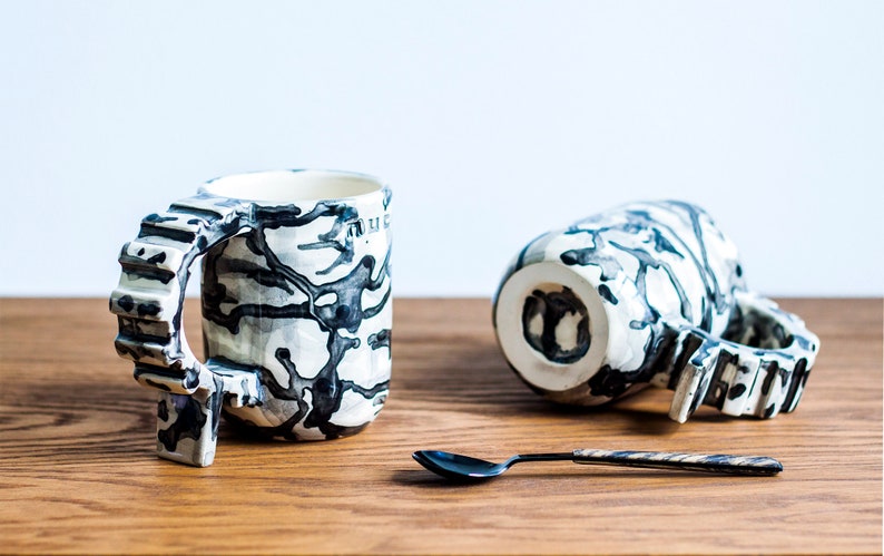 Camouflage geometric shapes mug, ivory and black handmade unique ceramic mug, black and white soldierly mug, sturdy architecture mug image 8