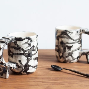 Camouflage geometric shapes mug, ivory and black handmade unique ceramic mug, black and white soldierly mug, sturdy architecture mug image 1