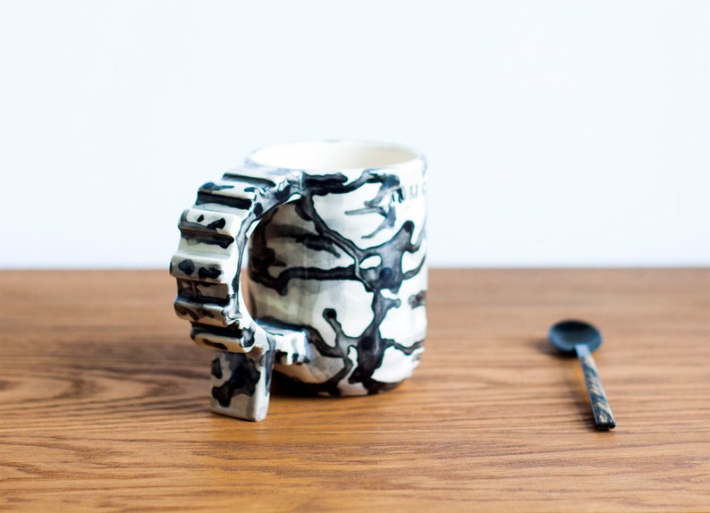 Camouflage geometric shapes mug, ivory and black handmade unique ceramic mug, black and white soldierly mug, sturdy architecture mug image 4