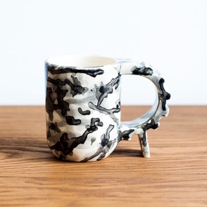 Camouflage geometric shapes mug, ivory and black handmade unique ceramic mug, black and white soldierly mug, sturdy architecture mug image 6