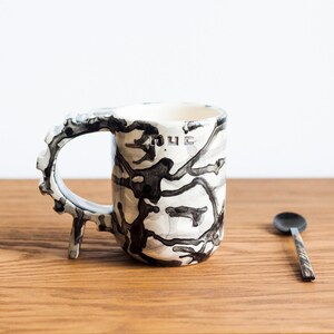 Camouflage geometric shapes mug, ivory and black handmade unique ceramic mug, black and white soldierly mug, sturdy architecture mug image 3