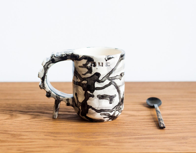 Camouflage geometric shapes mug, ivory and black handmade unique ceramic mug, black and white soldierly mug, sturdy architecture mug image 3