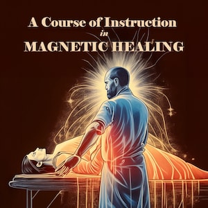 Op de afbeelding: Illustratie van een magnetische genezingssessie. Een man in een blauwe jas behandelt een persoon die op een tafel ligt. De tekst "A Course of Instruction in MAGNETIC HEALING" is zichtbaar. De achtergrond is donker met stralend licht.