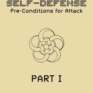 May include: A book cover with the title "PSYCHIC SELF-DEFENSE Pre-Conditions for Attack" in black text on a beige background. A black and white illustration of a flower is below the title. The text "PART I" is below the flower and the author's name "RILEY HANSARD CRABB" is at the bottom of the cover.