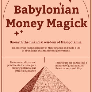 Puede incluir: Portada de libro con el título "Babylonian Money Magick" en texto marrón oscuro sobre un fondo melocotón. La portada presenta una ilustración de pirámide y texto sobre sabiduría financiera y abundancia.