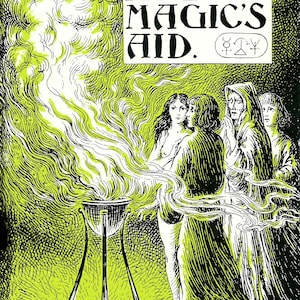 May include: A black and white illustration of a book cover with the title "High Magic's Aid."  The cover features a cauldron with smoke rising from it, and four figures in robes standing around it. The text "By Scire" is at the bottom of the cover.